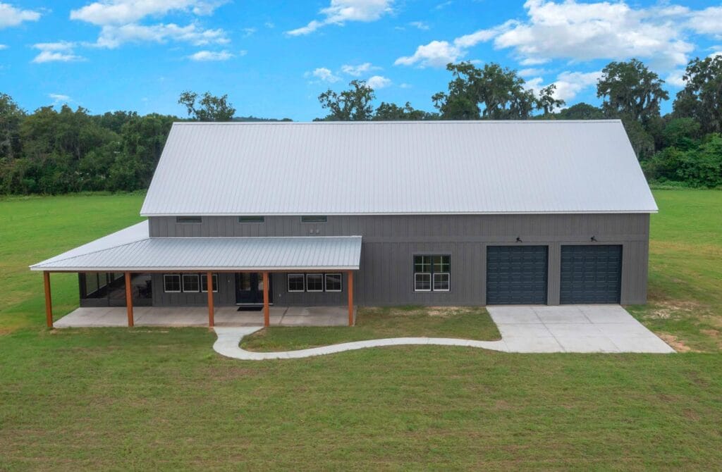 drone aerial view of a custom built barndominium in Citra, FL