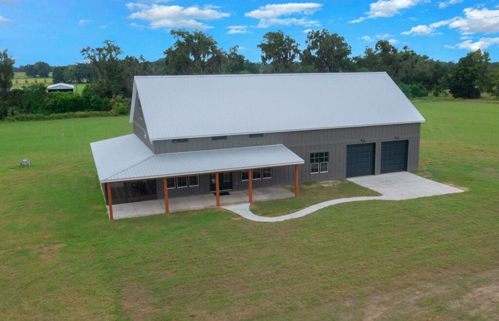Drone aerial view of a custom built barndominium in Citra, FL