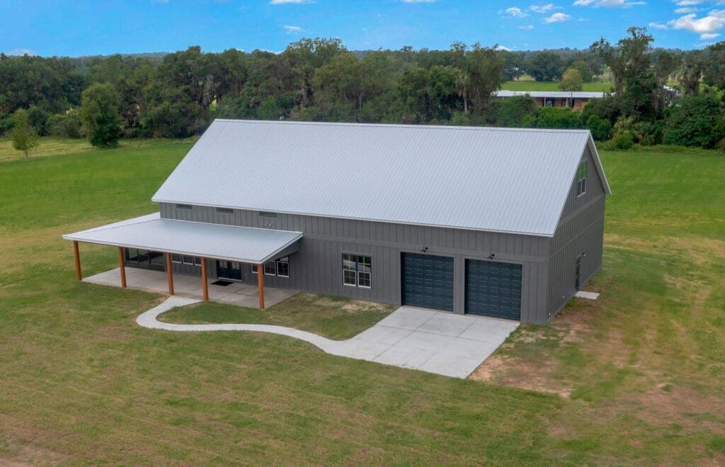 Drone aerial view of a custom built barndominium in Citra, FL
