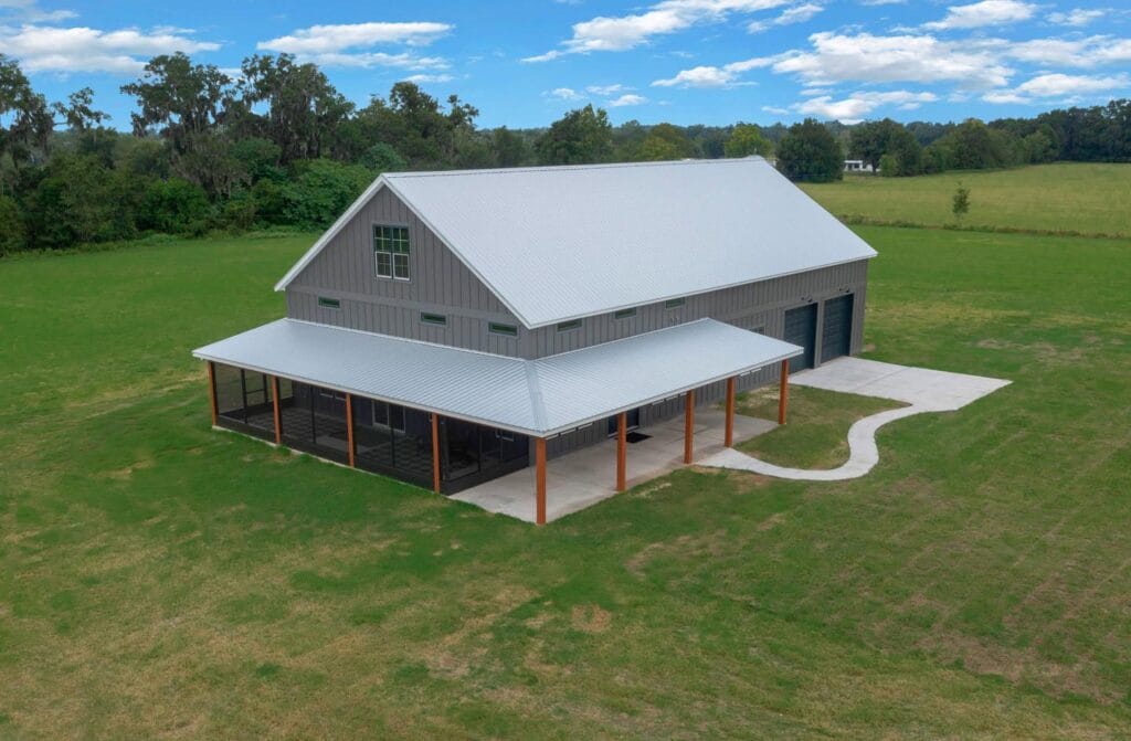 Drone aerial view of a custom built barndominium in Citra, FL