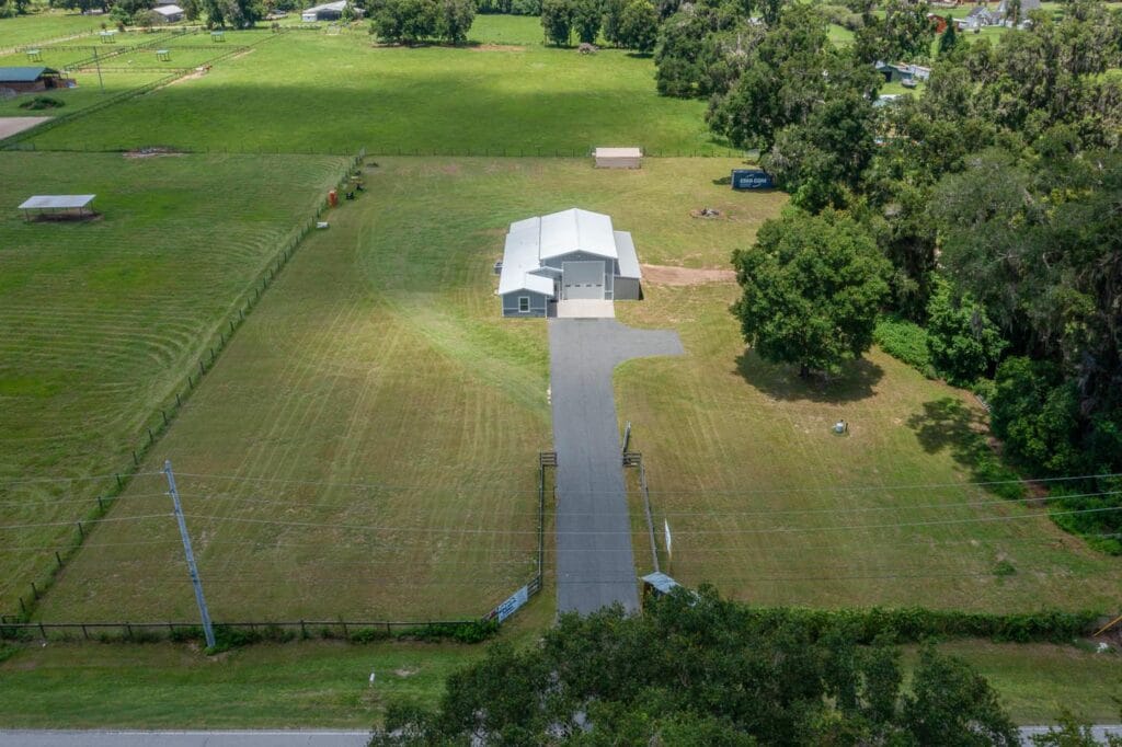 aerial view of a custom RV barndominium in Citra, FL