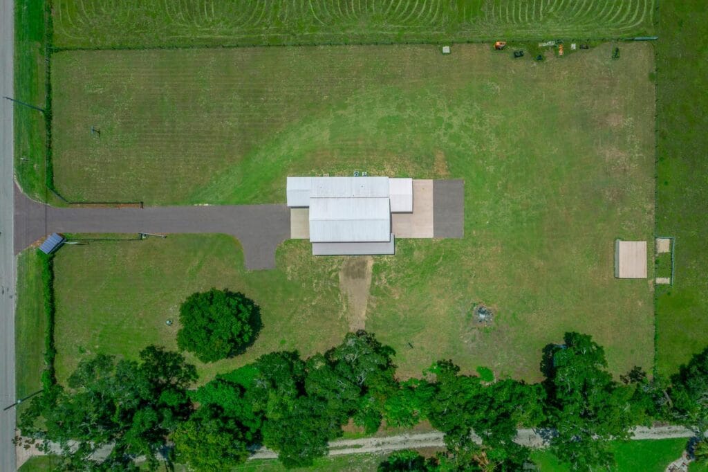 aerial view of a custom RV barndominium in Citra, FL