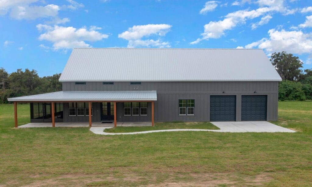Drone aerial view of a custom built barndominium in Citra, FL