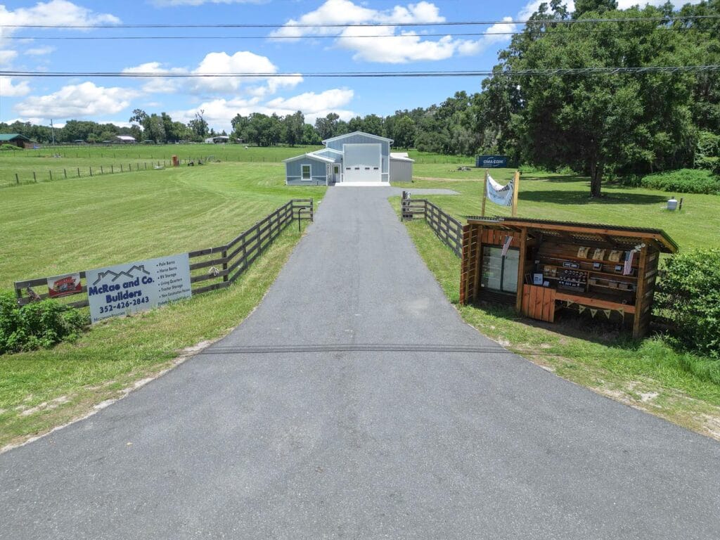 aerial view of a custom RV barndominium in Citra, FL