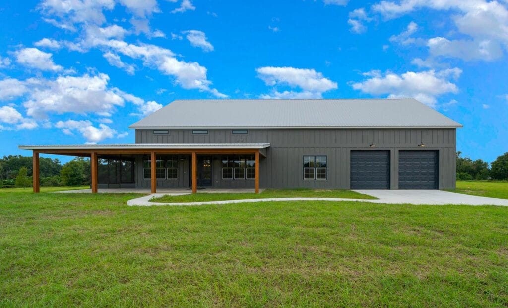 Outside view of a custom built barndominium in Citra, FL