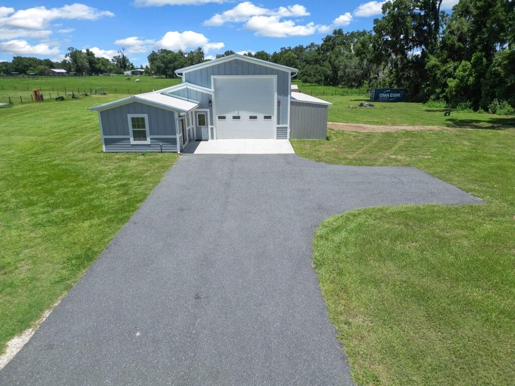 aerial view of a custom RV barndominium in Citra, FL