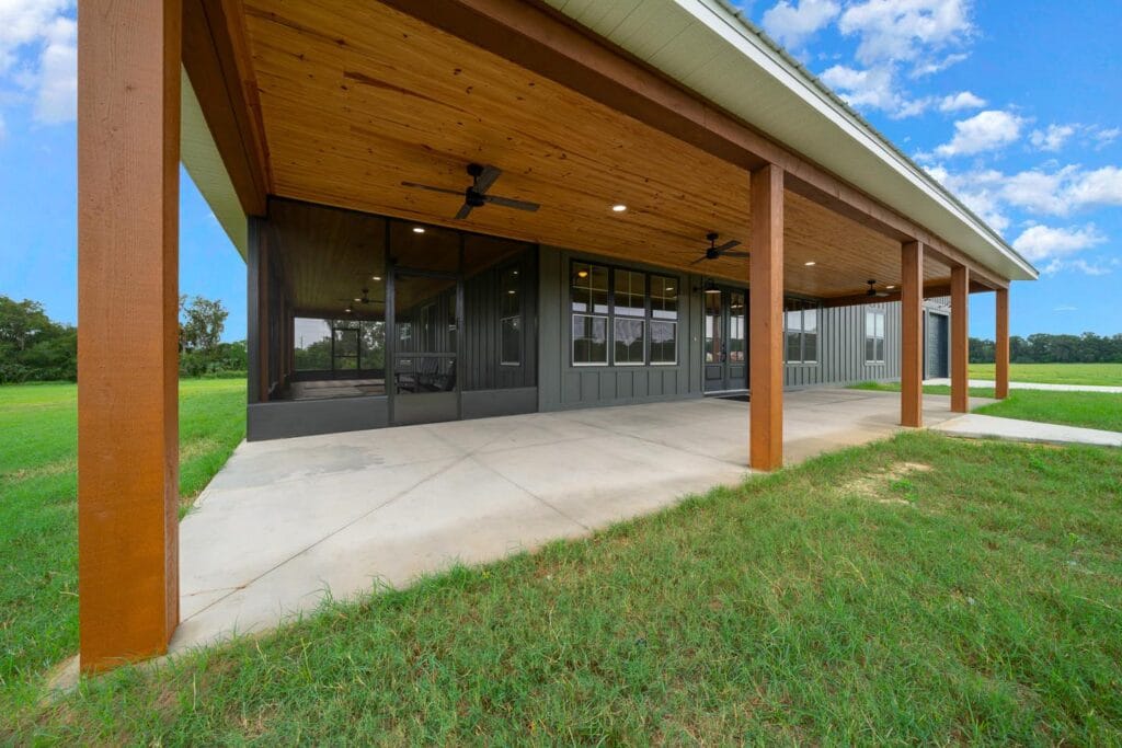 porch view of a custom built barndominium in Citra, FL