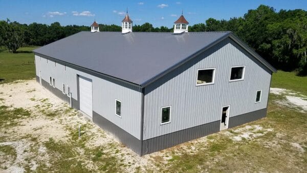 Aerial view of a custom built barndominium in Alachua, Florida