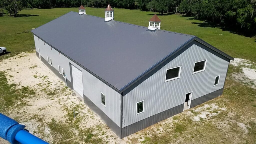 Aerial view of a custom built barndominium in Alachua, Florida