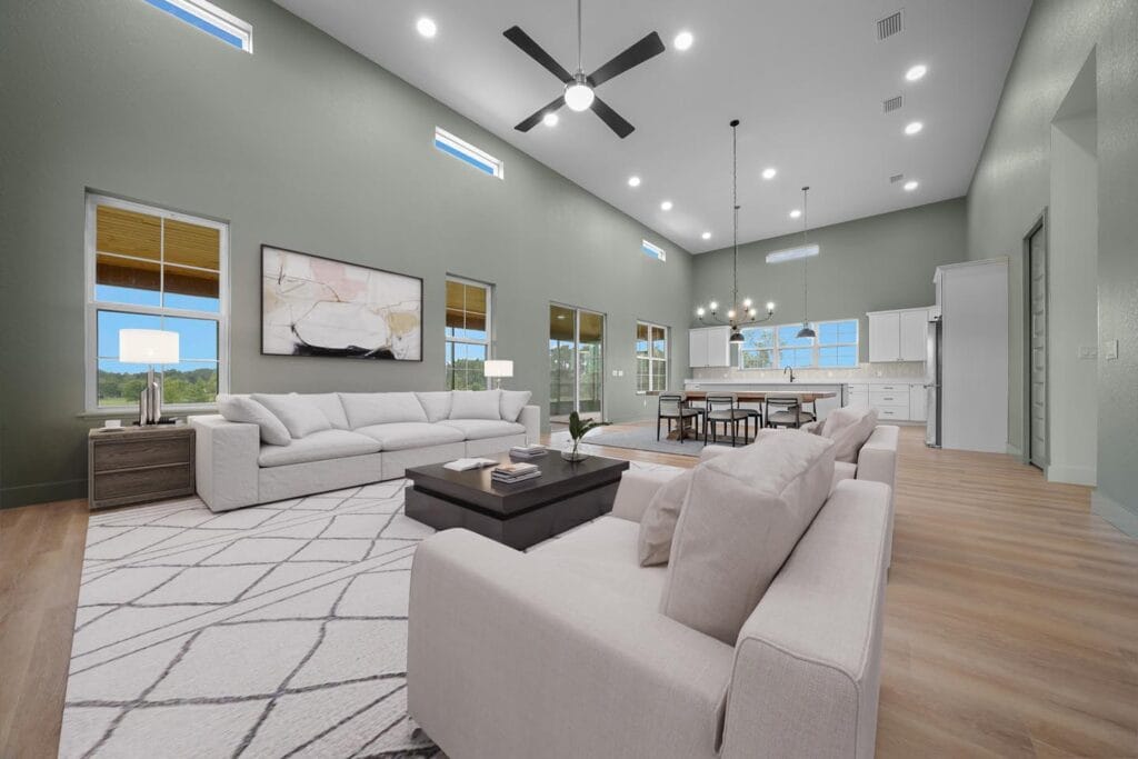 living room view of a custom built barndominium in Citra, FL