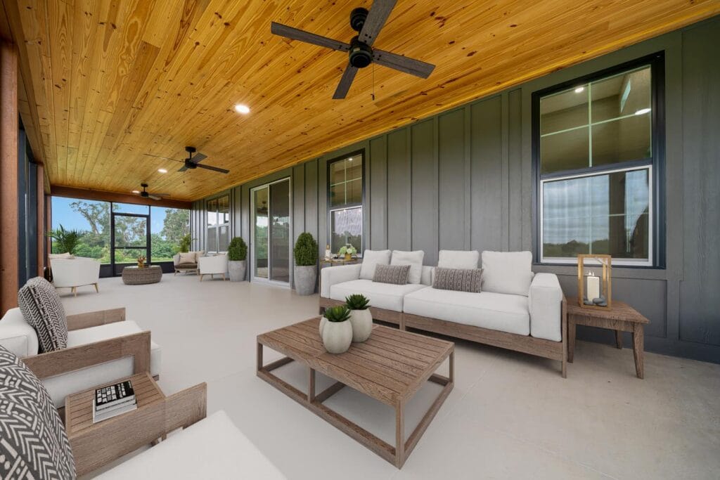 porch view of a custom built barndominium in Citra, FL