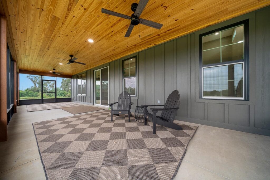 porch view of a custom built barndominium in Citra, FL
