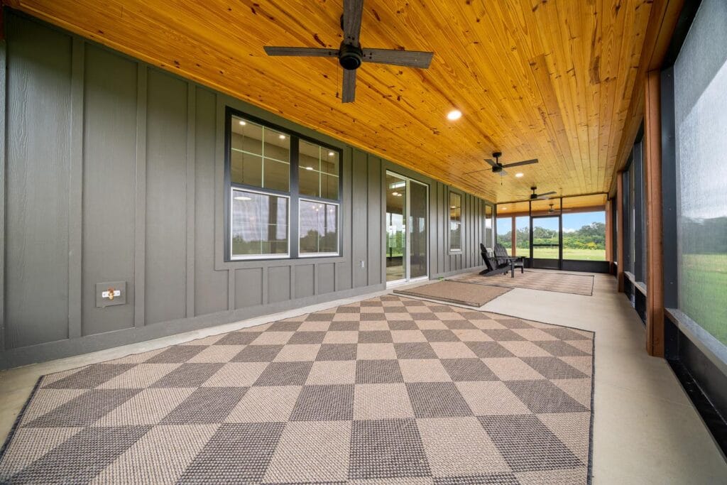 porch view of a custom built barndominium in Citra, FL