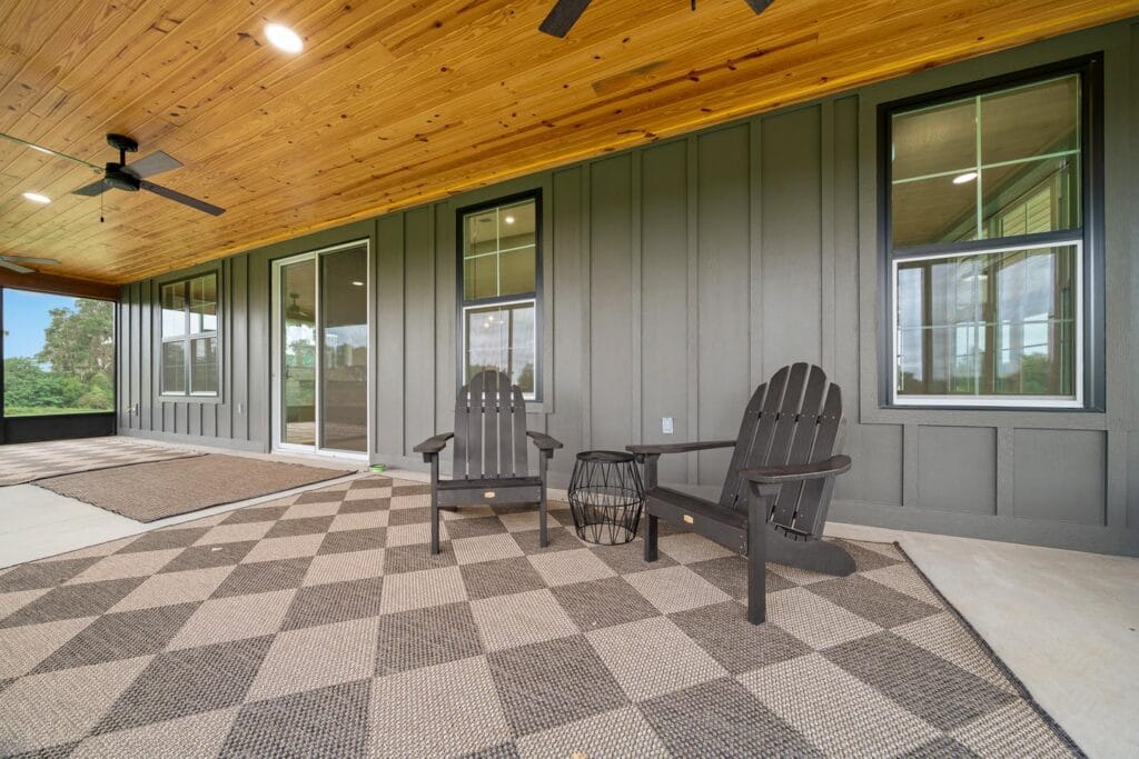 porch view of a custom built barndominium in Citra, FL