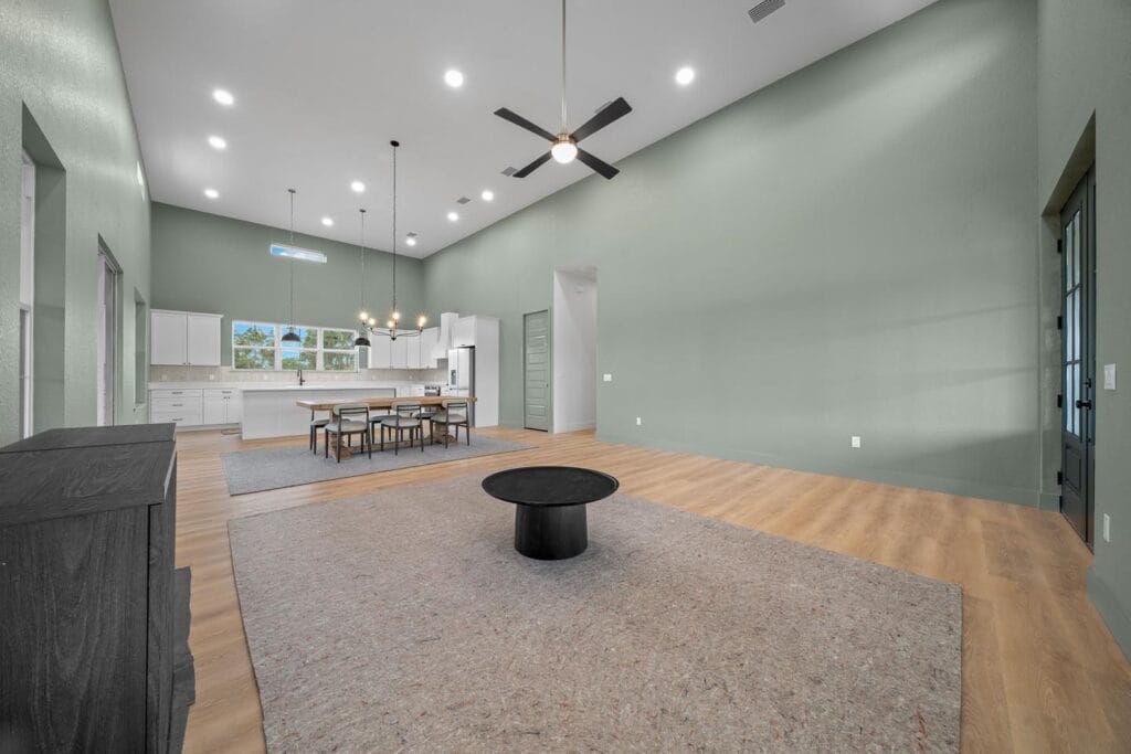 living room view of a custom built barndominium in Citra, FL