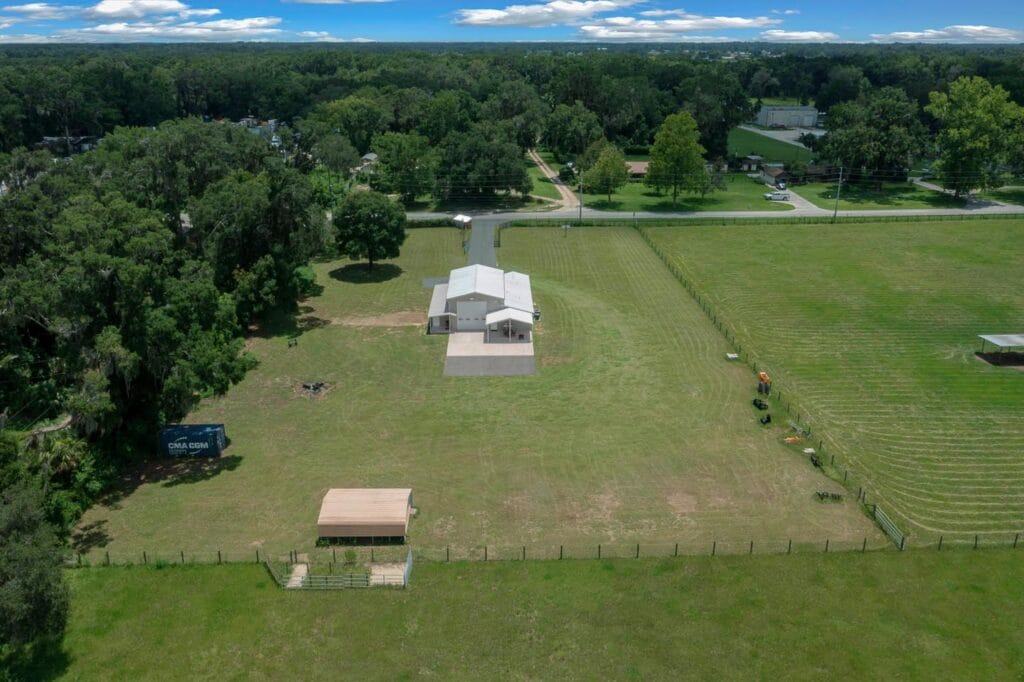 aerial view of a custom RV barndominium in Citra, FL