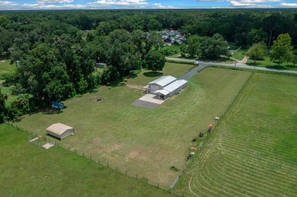 aerial view of a custom RV barndominium in Citra, FL