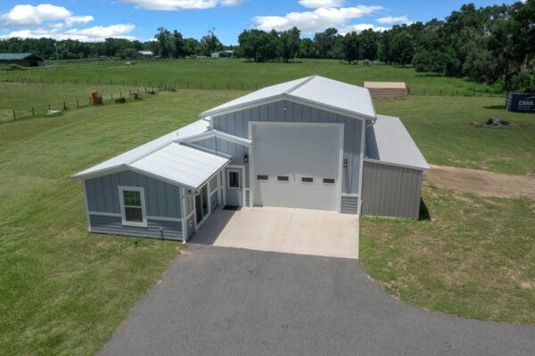 aerial view of a custom RV barndominium in Citra, FL