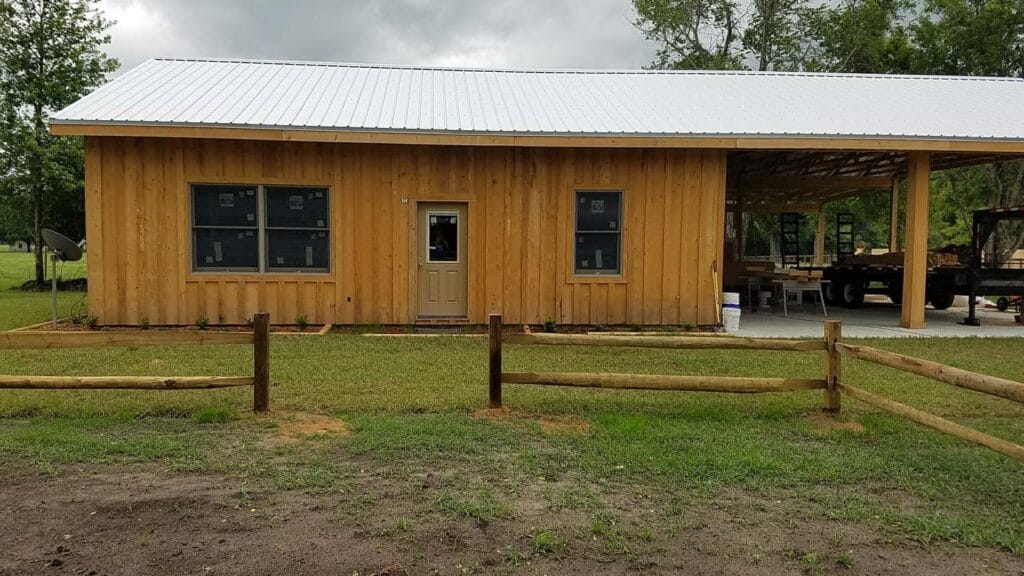 Outside view of a custom built cypress barndominium in Citra, FL