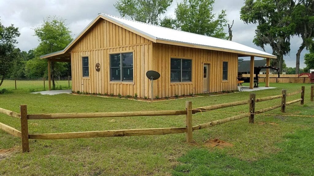 Outside view of a custom built cypress barndominium in Citra, FL