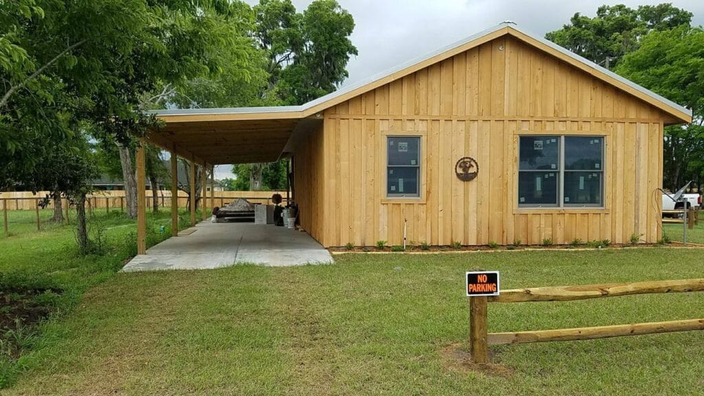 Outside view of a custom built cypress barndominium in Citra, FL