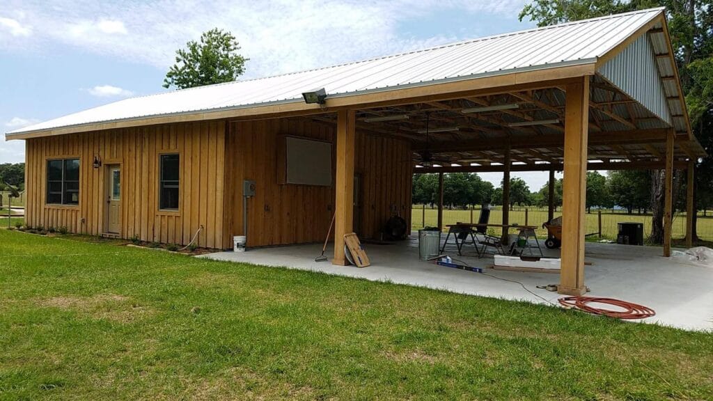 Outside view of a custom built cypress barndominium in Citra, FL