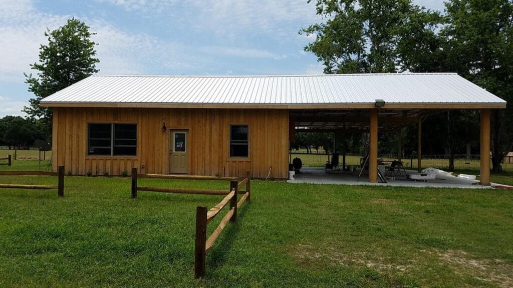 Outside view of a custom built cypress barndominium in Citra, FL
